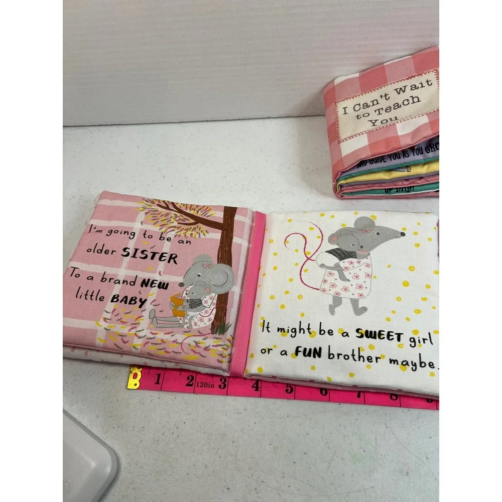 Mud Pie Big Sister Soft Fabric Baby Book Set Pink Gingham Mouse Photo Sleeve